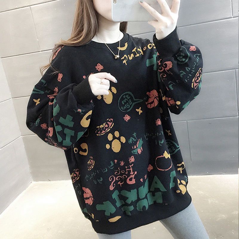 Winter Clothing Essential - 캐주얼 프린트 루즈핏 여성 스웨트셔츠 Y2K