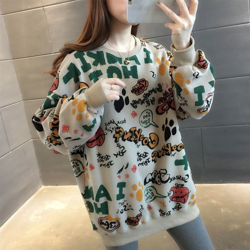 캐주얼 프린트 루즈핏 여성 스웨트셔츠 Y2K 빈티지 한 - Winter Clothing Essential 리뷰 및 가격