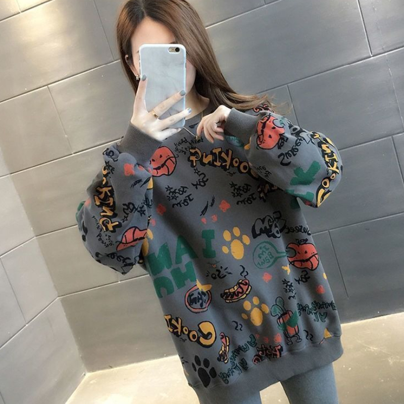 캐주얼 프린트 루즈핏 여성 스웨트셔츠 Y2K 빈티지 한 - Winter Clothing Essential 리뷰 및 가격